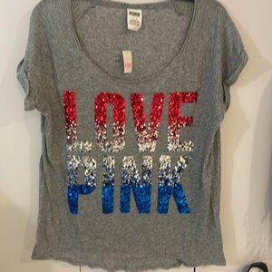 Victorias Secret New PINK Patriotic Sequin Love Pink T-Shirt,L